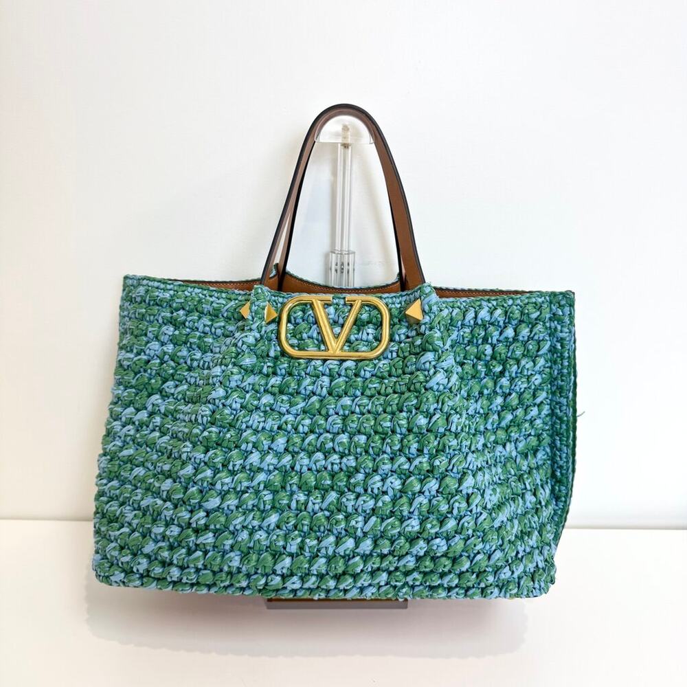 VALENTINO VLogo Blue Green Raffia Crochet Medium Tote Bag